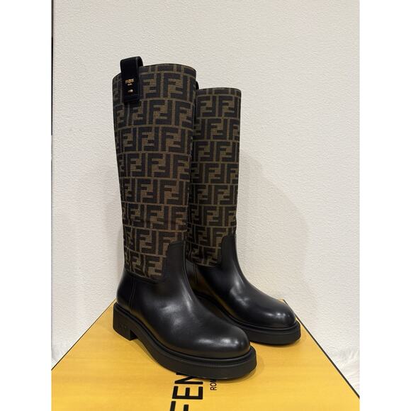 Fendi Filo FF Logo Zucca Monogram Jacquard Rockoko Chenille Knee High Boot - Picture 10 of 16